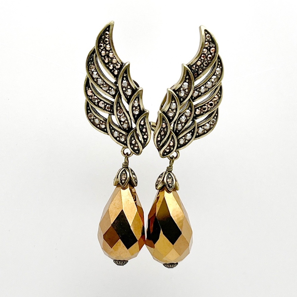 Heidi Daus Gold Tone Angel Wings Statement Drop Pierced Earrings